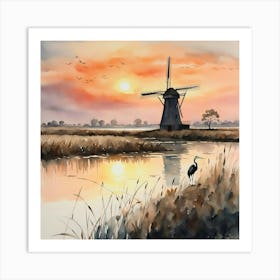 heron fishing near a windmil Art Print