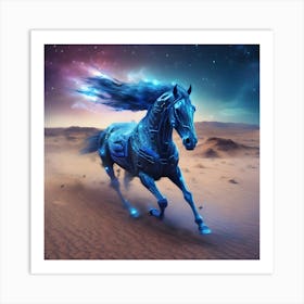 Magical Cyber Blue Horse In The Desert Art Print