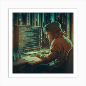 Hacker In Front Of Computer Art Print