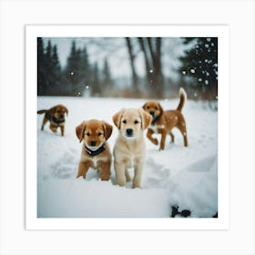 Dogs in the snow in front of the woods Art Print