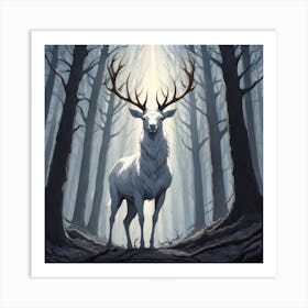 A White Stag In A Fog Forest In Minimalist Style Square Composition 50 Art Print