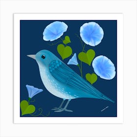 Folk Art Blue Bird With Flowers Square Art Print