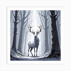 A White Stag In A Fog Forest In Minimalist Style Square Composition 53 Art Print