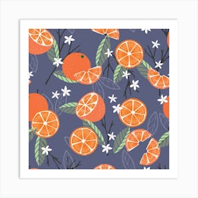 Orange Pattern With Florals And Branches On Purple Square Art Print