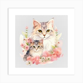 Watercolor Spring Mama And Baby Cats Art Print