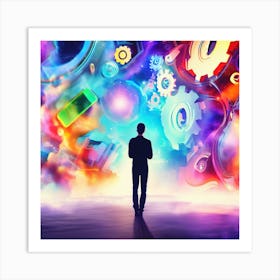 Man Standing In Front Of Colorful Gears cloud Future Of Mobile Applications Development In Colorful Dreaming Life Art Print