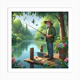 An Image Of A Man Fishing In A River With A Beautiful Landscape Art Print