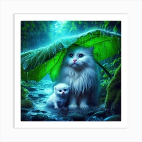 Cat And Kitten In The Rain Art Print