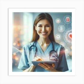 Portrait Of A Nurse With Tablet Computer Art Print