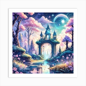 A Fantasy Forest With Twinkling Stars In Pastel Tone Square Composition 445 Art Print