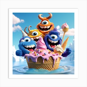 Picture A Friendly Furry 3d Animated Monster Family Enjoying A Colossal Ice Cream Sundae Art Print