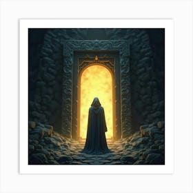 A Cloaked Figure Standing Before A Glowing, Ancient Gate 1 Art Print