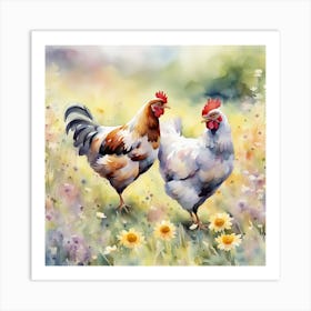 Chickens in the meadow Art Print