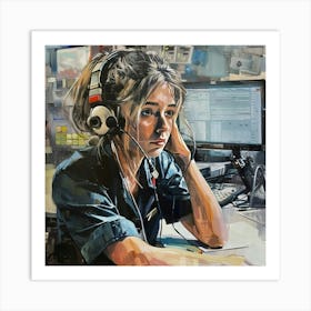 Girl With Headphones Art Print