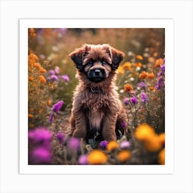 Puppy In A Field Of Flowers Art Print