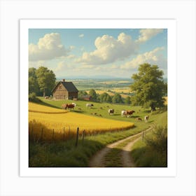 An English Farm With Fields Of Crops, A Barn, And Livestock Grazing 1 Art Print