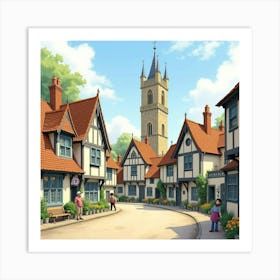 A Picturesque English Village Square With A Clock Tower And Residents, Watercolor 1 Art Print