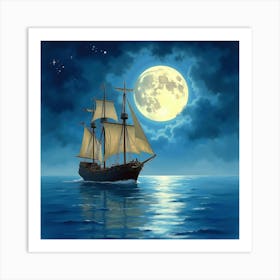 Enchanted Ship Sailing Through Watercolor Moonlight 1 Art Print