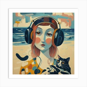 Girl With Headphones And A Cat 5 Art Print