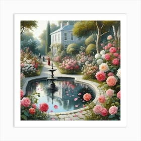 Rose Garden With The Fountain, Acrylic Style Painting Art Print