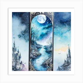 Medival Watercolor Painting With A Portal Leading To Another Place With A River At Full Moon Art Print