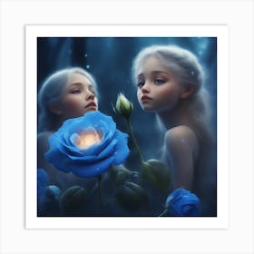 Two Girls With Blue Roses Art Print