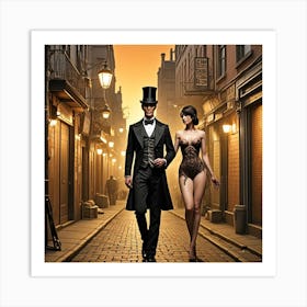 Steampunk Couple Date Night Cubism Style Art Print