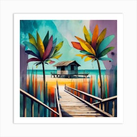 Double Exposure Of A Twin Palms And A Beach With Art Print