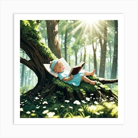 Peaceful Moments, Babygirl lying and reding a book on a trunk Art Print