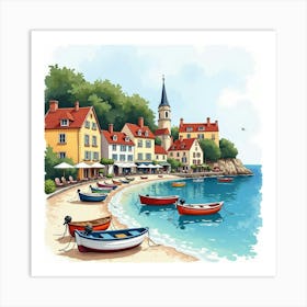 French Seaside Village In Watercolor With Colorful Houses And Fishing Boats 1 Art Print