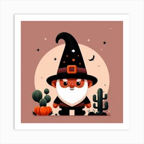 Cute Halloween Wizard And Moon - Vector style Illustration Art Print