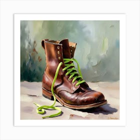 An Impressionist Painting Of An Old Boot With Brand Neon Green Laces 3 Art Print