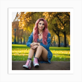 Pink Haired Girl In Denim Art Print