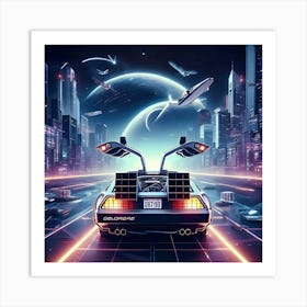 Back To The Future Delorean Flying Space, Synth Wave, Digital Art (2) Art Print