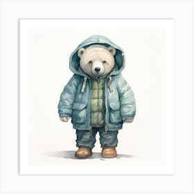 Watercolour Cartoon Polar Bear In A Hoodie 1 Art Print