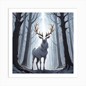 A White Stag In A Fog Forest In Minimalist Style Square Composition 15 Art Print