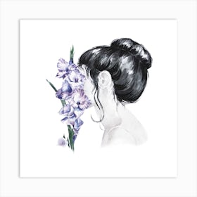 Watercolor Girl With Iris Flowers Square Art Print