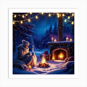 Winter Night By The Fireplace Art Print