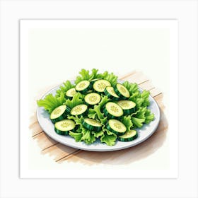 Watercolor Sketch Of A Fresh And Vibrant Cucumber Salad On A Stylish Kitchen Table Art Print