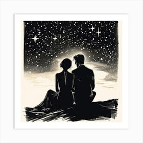 Love At First Sight, A Single Elegant Line Drawing Of A Men And Woman Art Of Sitting To Gather Alone Back Side Pose , Starry Night Art Print