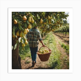 Woman Picking Pears In An Orchard Art Print