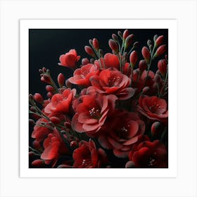 Red Flowers On Black Background Art Print