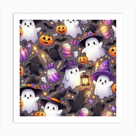 Halloween Cute Ghosts On Purple Pattern Art Print