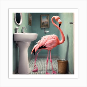 Pink Flamingo In Bathroom Art Print