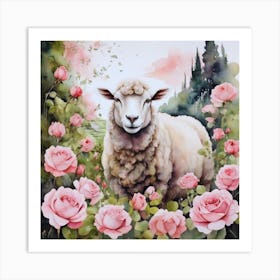 Sheep In Pink Roses Art Print