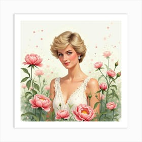 Princess Diana In A Dreamy Watercolor Scene Of Blooming Peonies 1 Art Print