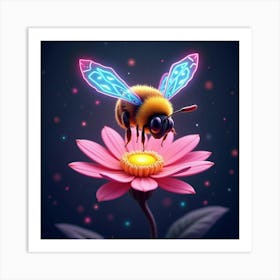 A Whimsical Bee With Wings Of Glowing, Neon Patterns Hovering Over A Dreamlike Flower Art Print