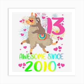 Kids 13 Year Old Sloth Riding Llama Since 2010 13th Birthday Girl Art Print