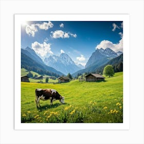 Alpine Meadow With A Cow Grazing Spring Setting Blossoming Flowers Dotting The Lush Grass Warm Su Art Print