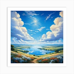 Cumulus Clouds Cotton Like In Texture Dominate The Expansive Azure Sky While A Serene Landscape Un (2) Art Print